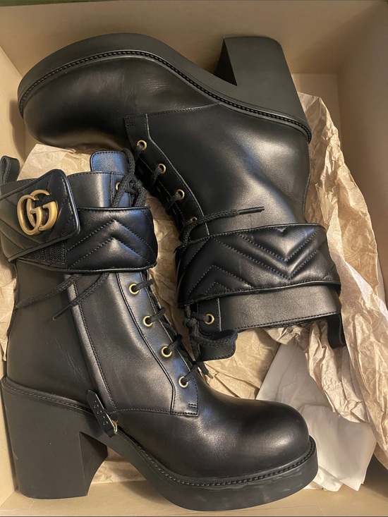Gucci Shoes - Gucci Black Leather Lace-Up Platform Ankle Boots with Gold GG Strap